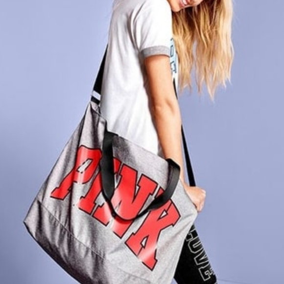 VS PINK college Duffle Bag Grey and Neon Coral/Pink Logo - Picture 2 of 9